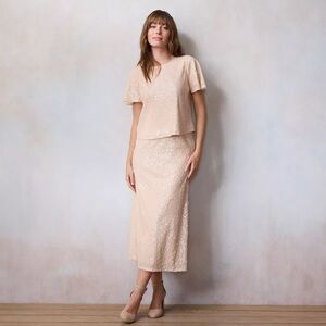 WN Women's M/L Lauren Conrad Peach Sequin Slip Skirt & Short Sleeve‎ Blouse Set